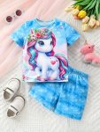 Girls Summer Cozy Set 3D Cartoon Unicorn Print Short Sleeve T-Shirt Top & Starry Sky Pattern Short Set Comfy Breathable Set Chil
