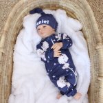 Baby Grow With Beanie And Bow Navy Grey Elephant And Star