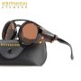 KEITHION Retro Premium Cool Steampunk Round Sunglasses With PU Leather Shields & Double Bridges For Men Women Outdoor Party Vacation Travel Driving Fishing Decors