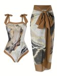 Brown Marble Print 2 Piece Swimsuits Tie Shoulder Stretchy One-piece Bathing-suit & Cover Up Sarong Skirt Women's Swimwear & Clo