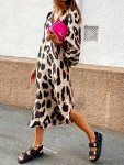 Leopard Print V Neck Dress Stylish Lantern Sleeve Midi Dress For Spring & Fall Women's Clothing