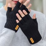 Unisex Knitted Fingerless Gloves - Polyester Blend Stretchy Simple Style Solid Color Warm Outdoor Cycling Half-finger Gloves - H