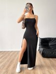 Solid Color Split Cami Dress Elegant Sleeveless Bodycon Maxi Dress For Spring & Summer Women's Clothing