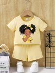 2PCS Baby's Adorable Cartoon Girl Print Casual T-Shirt & Shorts Set Toddler & Infant Girl's Clothes For Summer Daily Wear