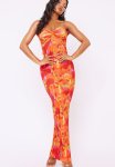 Abstract Print Plisse Knot Bandeau Maxi Dress - Orange