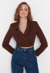 Crop Weave Lined Double Breasted Closeup Blazer Jacket - Brown