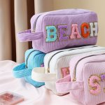 Embroidery Letters Dopp Kit Corduroy Makeup Bag Cosmetic Bag