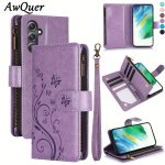 Butterfly Flower Pu Leather Zipper Wallet Case For Samsung Galaxy S24/ S23/ S22/ S21/ S20 Fe Ultra/ S10/S9 Plus Lanyard Flip Car