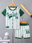2PCS Boys Casual Baseball Letter Print Striped Comfortable Versatile Short Sleeve T-Shirt & Shorts Set Cool Lightweight And Comf