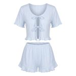 Chic Ruffled Lace Up Lounge Set - Blue