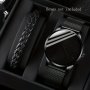 2pcs Men's Fashion Set: Quartz Watch With Mesh Band & Stylish Braided Faux Leather Bracelet - Perfect Gift For Him Birthday Graduation Valentine's Day