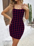 Plaid Square Neck Cami Dress Elegant Spaghetti Strap Bodycon Dress For Spring & Summer Women's Clothing