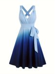 Ombre Print Surplice Neck Gathered Tank Dress Casual Sleeveless Tie Waist Ruched A-line Dress For Spring & Summer Women's Clothi