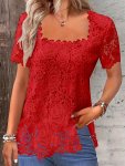Plus Size Floral Lace Stitching Blouse Elegant Square Neck Short Sleeve Blouse For Spring Women's Plus Sizeclothing