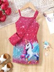 Girls 3D Unicorn Print Suspender Bodycon Dress Summer Sleeveless Casual Cute Cami Dress