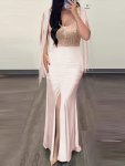 Solid Tassel Trim Bodycon Dress Elegant Cut Out Back Split Thigh Dress Women's Clothing For Party Dressing