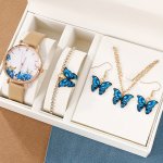 5PCS SET Women's Watch Butterfly Fashion Quartz Watch Boho Casual Analog Wrist Watch & Jewelry Set Gift For Mom Her