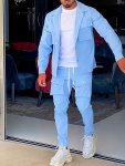 Men's Casual Two-piece Set Basic Style Beige Work Jacket And Jogger Pants Combo With Multiple Pockets Comfort Fit For Spring Fal