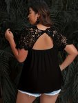 Plus Size Lace Stitching V-neck T-Shirt Casual Short Sleeve Slim Top For Spring & Summer Women's Plus Size Clothing