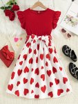 Girls' Sleeveless Ruffle Shoulder Love Heart Print Dress With Belt Casual Round Neck Summer Fashion For Youth Ladylike Regular F