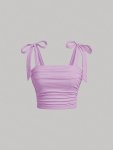 Solid Color Bow Strap Top Y2K Ruched Sleeveless Crop Cami Top Women's Clothing