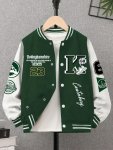 Letters And Numbers Print Long Sleeve Hooded Baseball Jacket For Boys Casual Comfy Coat Stylish Gift For Fall And Winter Kids' C