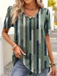 Striped V Neck T-Shirt Casual Short Sleeve Top For Spring & Summer Women's Clothing