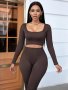 Casual Solid Color Pants Set Square Neck Long Sleeve Crop Top & High Waist Skinny Leggings For Spring & Fall Women's Clothing