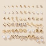 30 Pairs Alloy Full Rhinestones Love Round Faux Pearl Letter Stud Earrings Set