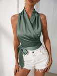 Solid Color Belted Halter Top Elegant Sleeveless Ruched Top For Spring & Summer Women's Clothing