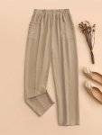 Plus Size Solid Color Pants With Pockets Casual Elastic Waist Pants For Spring & Summer Women's Plus Size Clothing