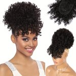 Drawstring Kinky Curly Ponytail With Bangs Bubble Ponytail Extensions For Women Short Curly Bubble Ponytail With Bangs Clip-on W
