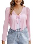 Avidlove Women Sheer Shrugs Long Sleeve Cropped Cardigan Tie Front Bolero Shrug For Evening Dressy Pink XS