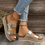 Women's Solid Color Trendy Sandals Double Buckle Bands Platform Soft Sole Slides Espadrilles Summer Beach Slides