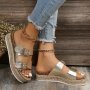 Women's Solid Color Trendy Sandals Double Buckle Bands Platform Soft Sole Slides Espadrilles Summer Beach Slides