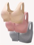 3PCS Solid Stripes Front Zipper Bra Sporty Comfy Wireless Bra Women's Lingerie & Underwear