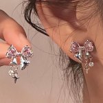 Exquisite Bowknot Design With Pink Shiny Zirconia Decor Stud Earrings Y2K Elegant Style Jewelry Girl Gift