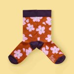 Ladies' 70S Floral Socks Assorted Colours - Rust And Purple