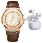 Men's Rose Gold Leather Watch & Bluetooth Earbuds Gift Set - Quartz Design