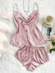 Women's Sexy Solid Satin Pajama Set Turtleneck Backless Cami Top & Shorts Comfortable Relaxed Fit Summer Nightwear