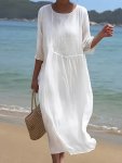 Solid Color Crew Neck Dress Vacation Style 3 4 Sleeve Loose Fit Dress For Spring & Summer Women's Clothing