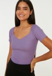 Fitted Clothing Ribbed Cotton Stretchy Knit Blouse - Lilac