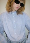 Frill-trimmed Cotton Blouse - Blue Striped