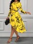 Face Sketch Graphic Print Dress Elegant Asymmetrical Hem Long Sleeve Dress Women's Clothing