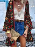 Floral Pattern Open Front Cardigan Vacation Batwing Sleeve Cover Up For Spring & Summer Women's Clothing