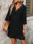 LaCie Lace Splicing V-neck Eyelet Dress Elegant 3 4 Sleeve Loose Dress For Spring & Fall Women's Clothing