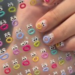 Self-adhesive Plastic Nail Stickers With Glitter - Cartoon Monster Mouth Design For Girls And Women Glossy Finish Round Shape Si
