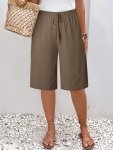Plus Size Women's Casual Polyester Shorts - 100% Polyester Non-stretch Woven Fabric Solid Color With Faux Drawstring Detail Stra