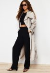 Oversize Wide-cut Collar Button Shiny Belted Trench Coat - Beige