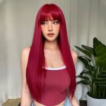 66.04 Cm Long Red Wig With Bangs Straight Gray Wigs For Women Heat Resistant Synthetic Wig For Fashion Women Music Festival